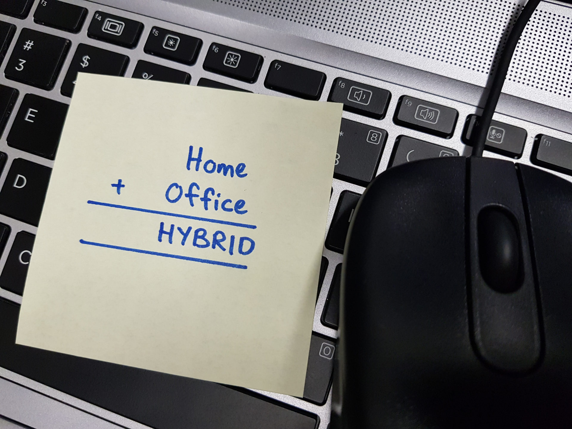 Hybrid work model text on keyboard